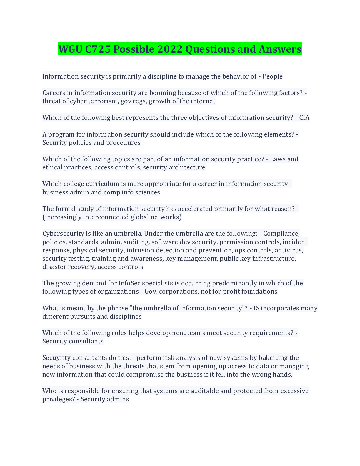 Preview of WGU C725 Possible 2022 Questions and Answers( With Complete top Solution Rated A)